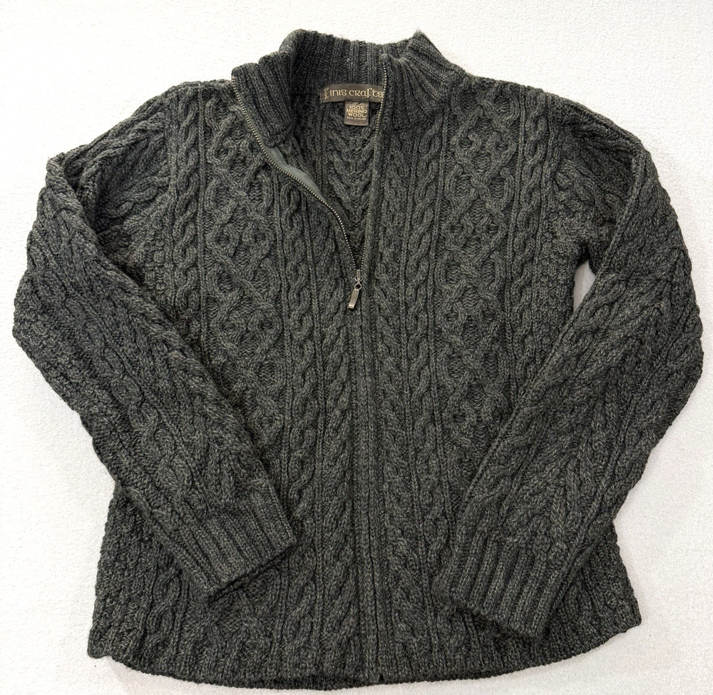 Inis Crafts Ireland Fisherman Sweater Full Zip Merino Wool Olive Cable Knit M